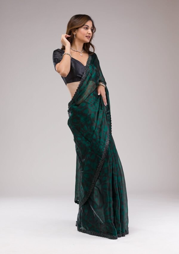 Elegant Green Organza Saree with Beautiful Prints - Image 4