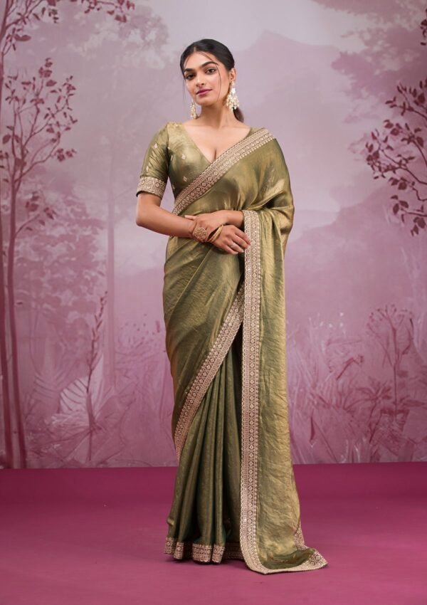 Enchanting Rama Green Threadwork Tissue Saree - Image 3
