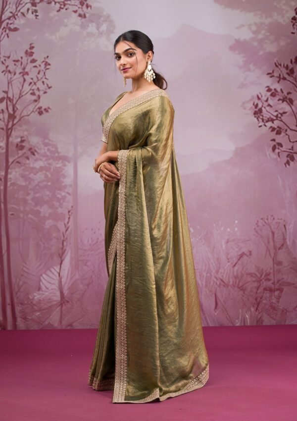 Enchanting Rama Green Threadwork Tissue Saree - Image 4