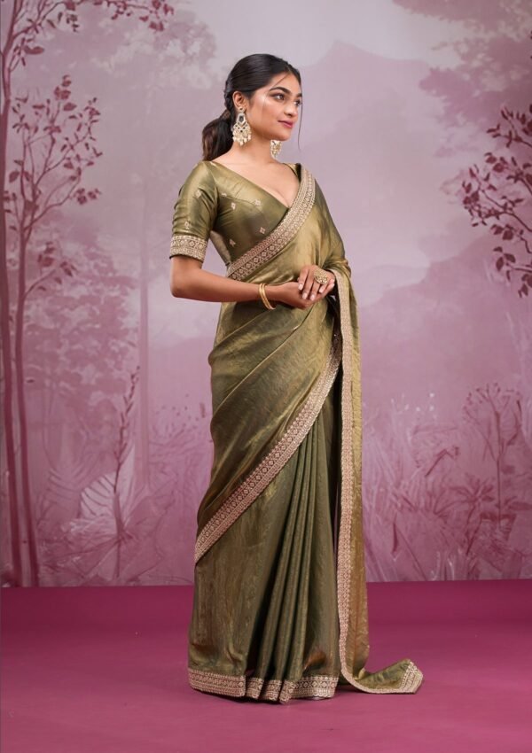 Enchanting Rama Green Threadwork Tissue Saree - Image 5
