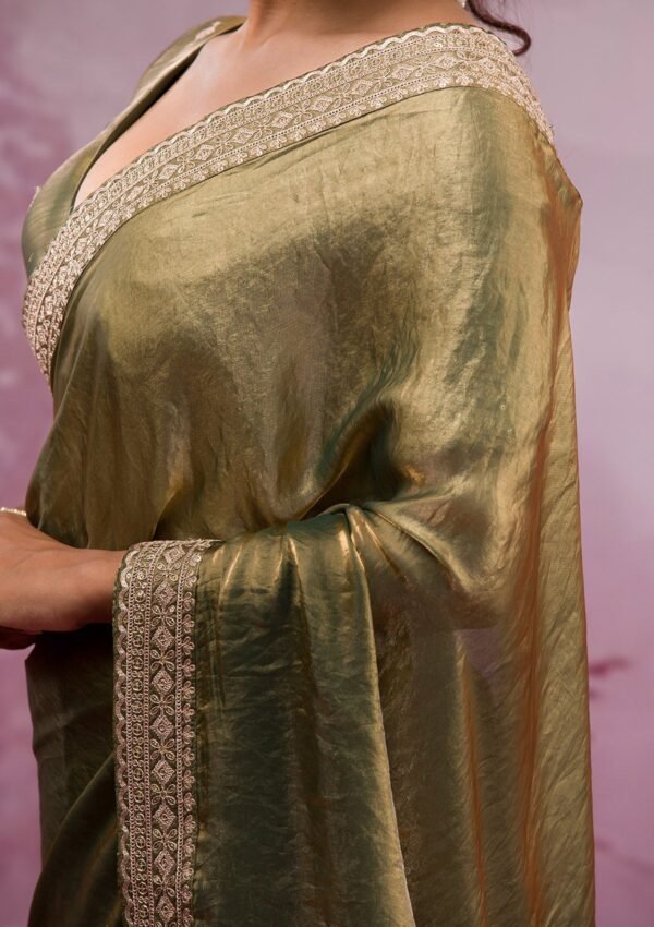 Enchanting Rama Green Threadwork Tissue Saree - Image 8