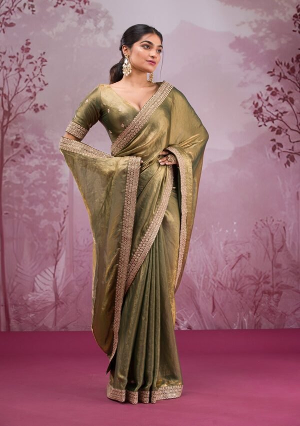 Enchanting Rama Green Threadwork Tissue Saree - Image 6