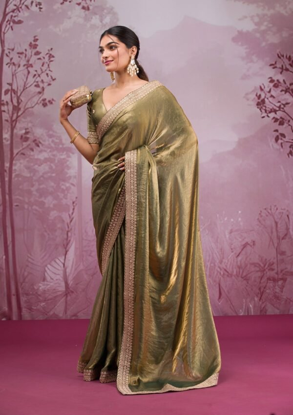 Enchanting Rama Green Threadwork Tissue Saree