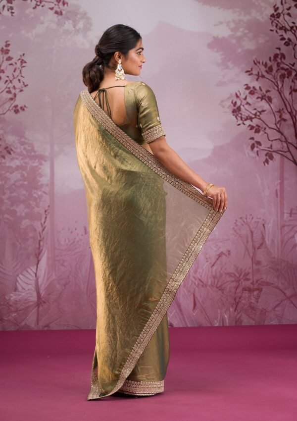 Enchanting Rama Green Threadwork Tissue Saree - Image 2