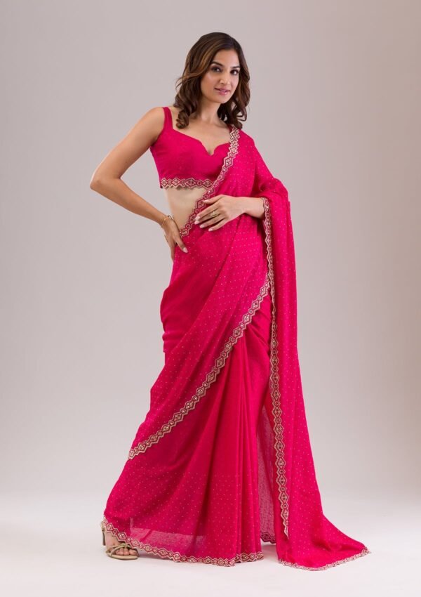 Elegant Rani Pink Stone Embellished Semi Crepe Saree - Image 5
