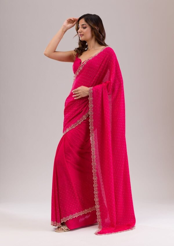 Elegant Rani Pink Stone Embellished Semi Crepe Saree - Image 6