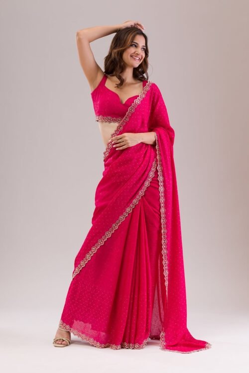 Elegant Rani Pink Semi Crepe Saree with Stunning Stonework