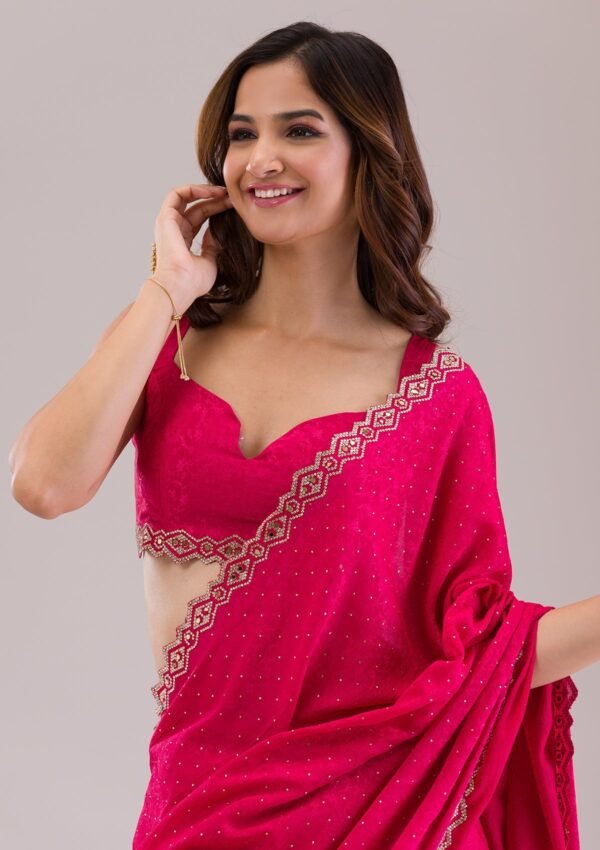Elegant Rani Pink Stone Embellished Semi Crepe Saree - Image 7