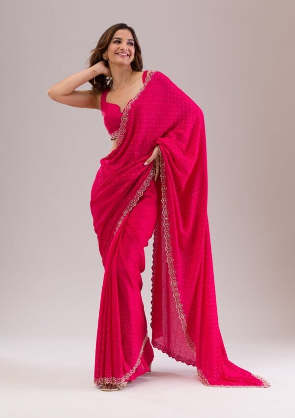 Elegant Rani Pink Stone Embellished Semi Crepe Saree - Image 3