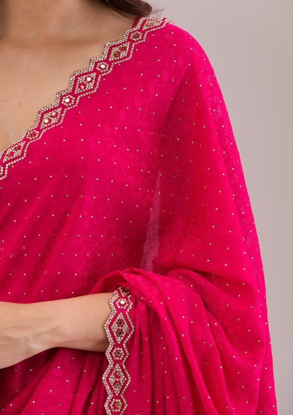 Elegant Rani Pink Stone Embellished Semi Crepe Saree - Image 2