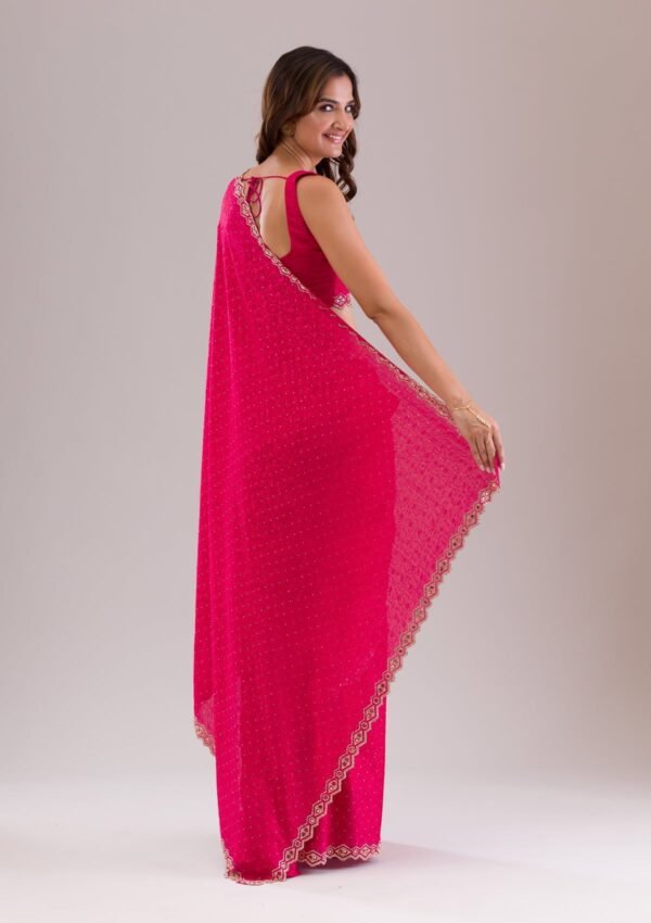 Elegant Rani Pink Stone Embellished Semi Crepe Saree - Image 4