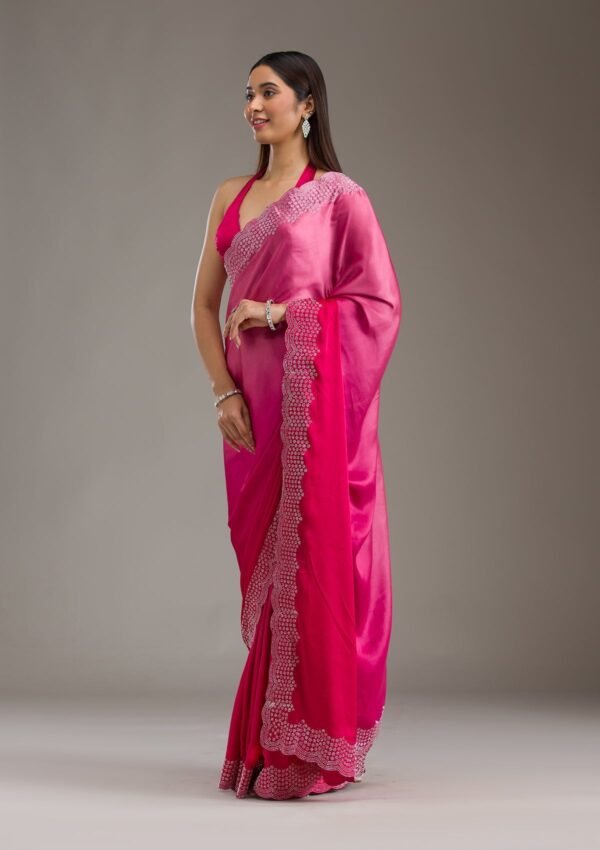 Elegant Rani Pink Swarovski Embellished Satin Saree - Image 5
