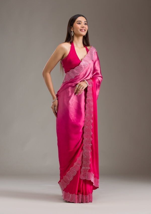 Elegant Rani Pink Swarovski Embellished Satin Saree - Image 6