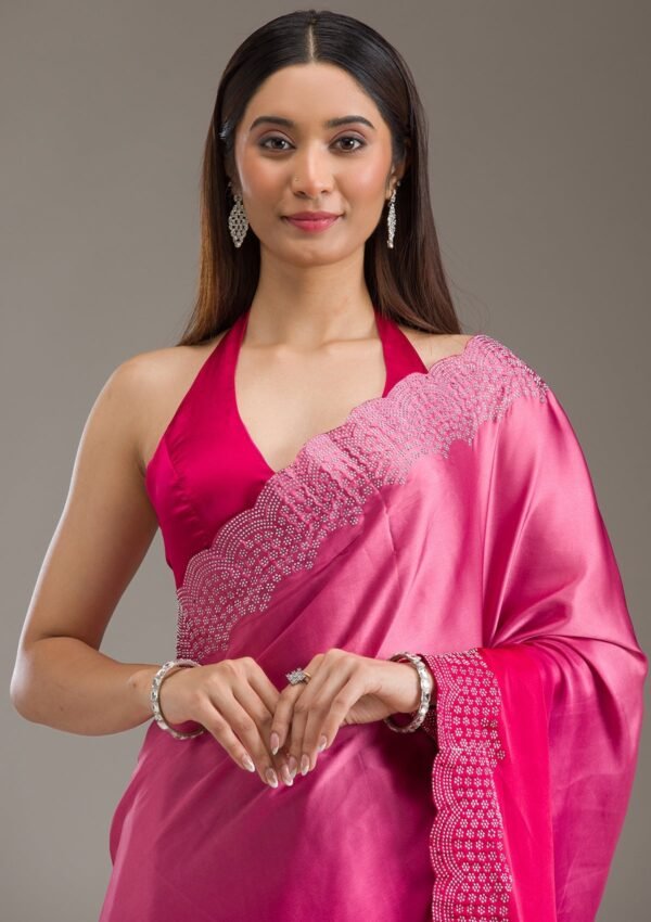Elegant Rani Pink Swarovski Embellished Satin Saree - Image 3