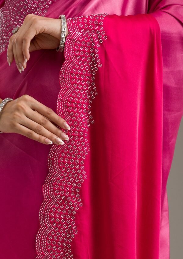 Elegant Rani Pink Swarovski Embellished Satin Saree - Image 7