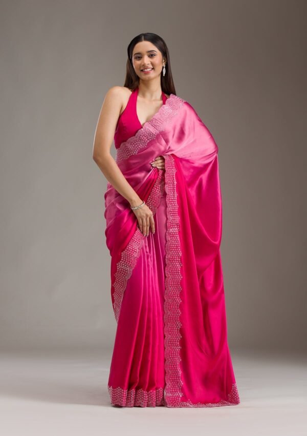 Elegant Rani Pink Swarovski Embellished Satin Saree