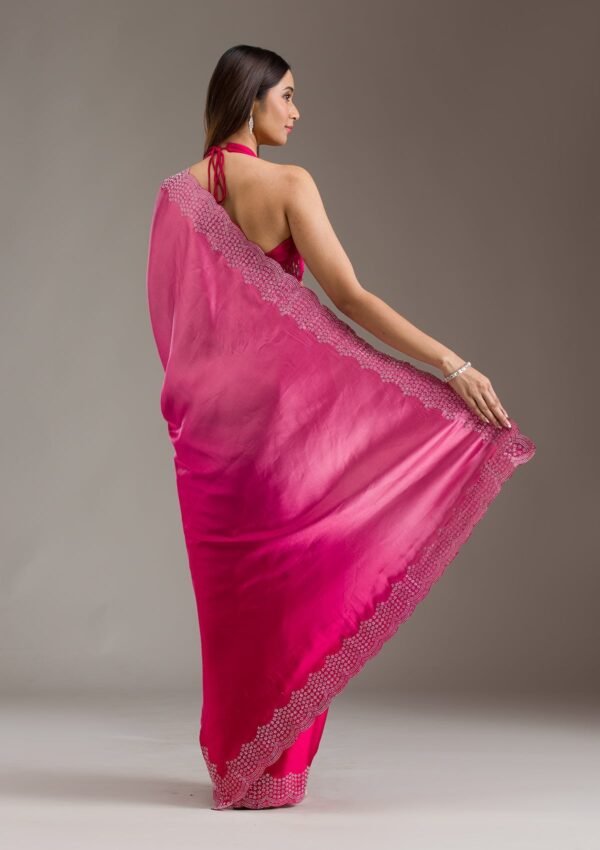 Elegant Rani Pink Swarovski Embellished Satin Saree - Image 2