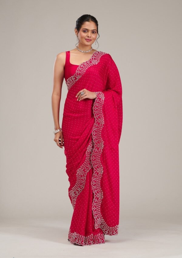 Stunning Rani Pink Satin Saree Adorned with Swarovski Crystals - Image 3