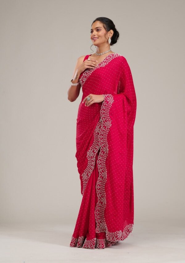 Stunning Rani Pink Satin Saree Adorned with Swarovski Crystals - Image 4