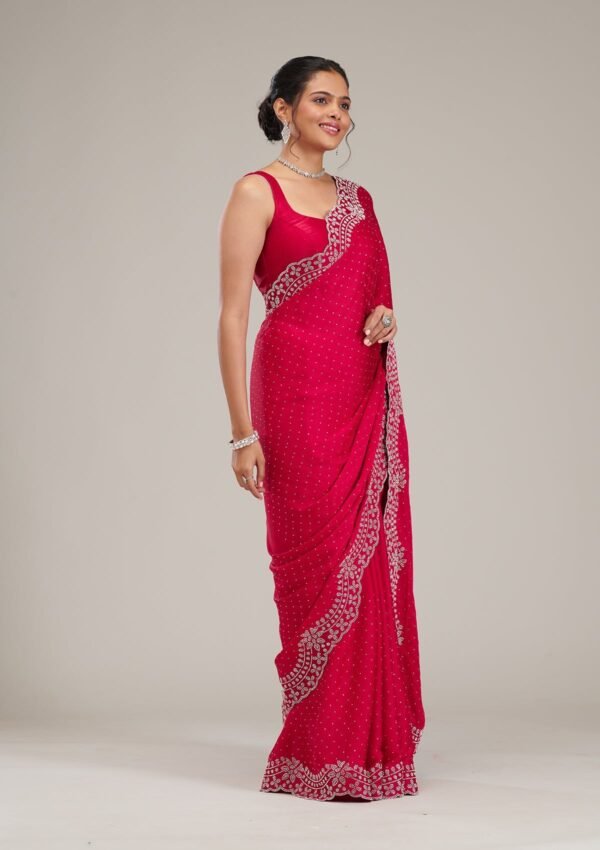 Stunning Rani Pink Satin Saree Adorned with Swarovski Crystals - Image 5