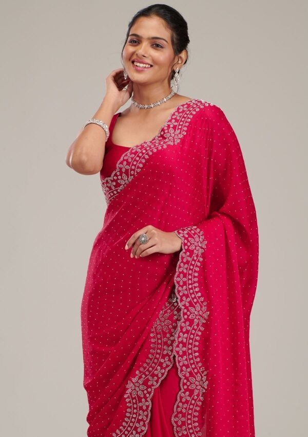 Stunning Rani Pink Satin Saree Adorned with Swarovski Crystals - Image 6