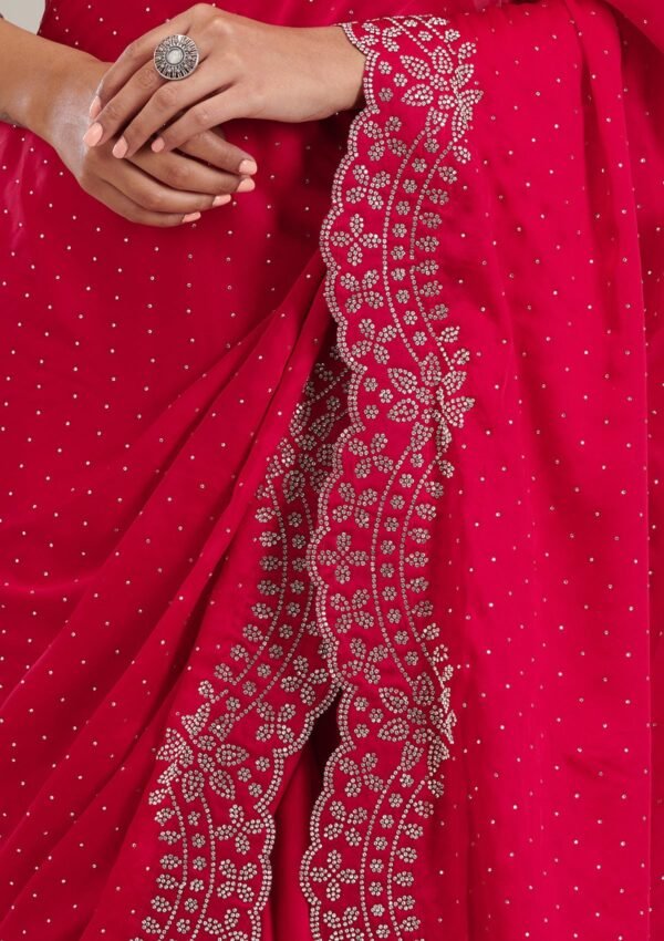 Stunning Rani Pink Satin Saree Adorned with Swarovski Crystals - Image 7