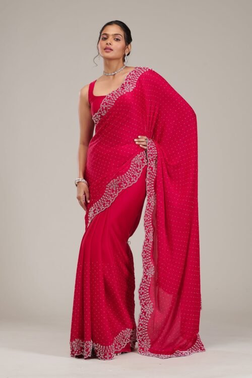 Stunning Rani Pink Satin Saree Adorned with Swarovski Crystals