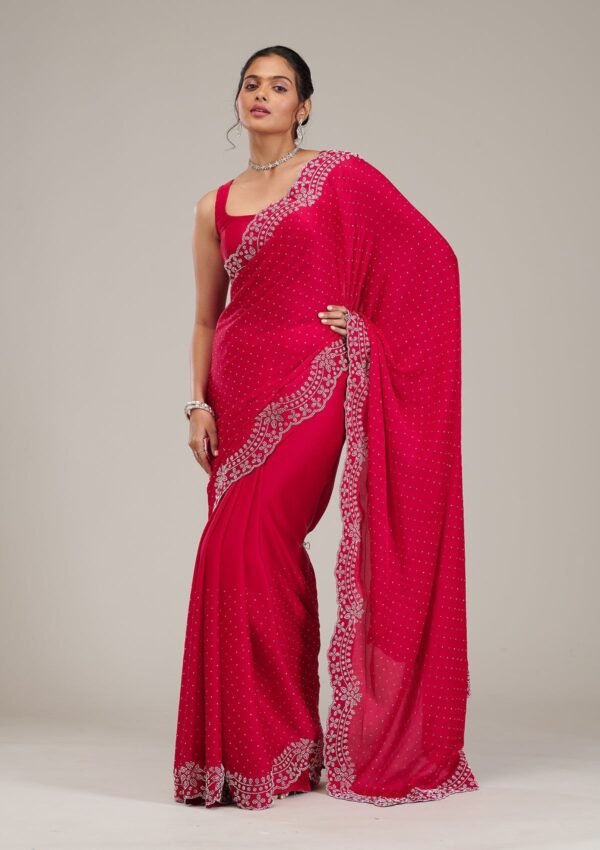 Stunning Rani Pink Satin Saree Adorned with Swarovski Crystals