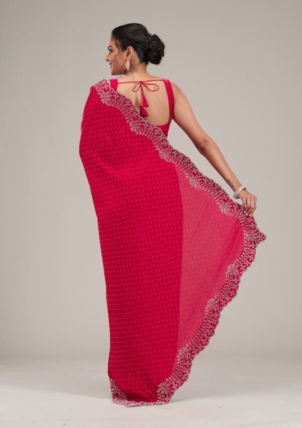 Stunning Rani Pink Satin Saree Adorned with Swarovski Crystals - Image 2