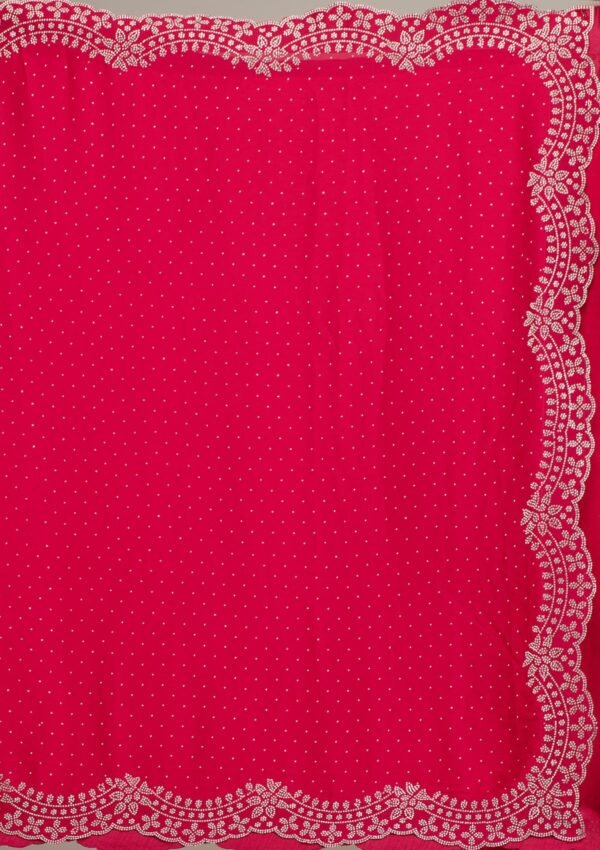 Stunning Rani Pink Satin Saree Adorned with Swarovski Crystals - Image 8
