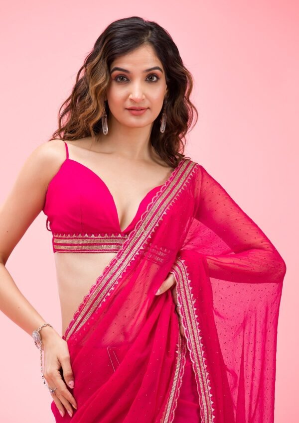 Elegant Rani Pink Chiffon Saree with Exquisite Threadwork - Image 6