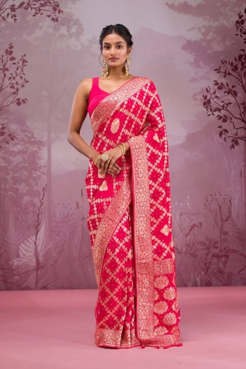 Exquisite Rani Pink Zariwork Georgette Saree for Effortless Elegance