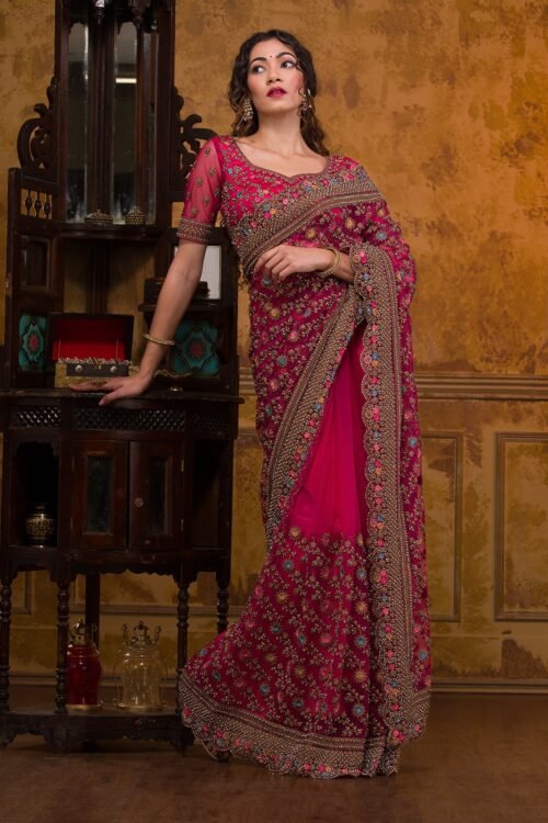 Radiant Rani Pink Zariwork Net Saree for Stunning Elegance