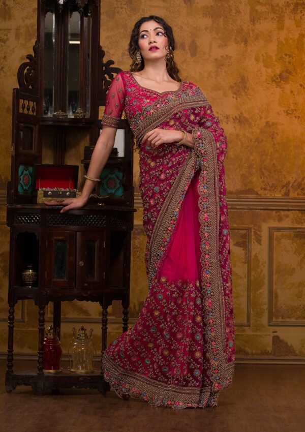 Elegant Rani Pink Net Saree with Stunning Zariwork