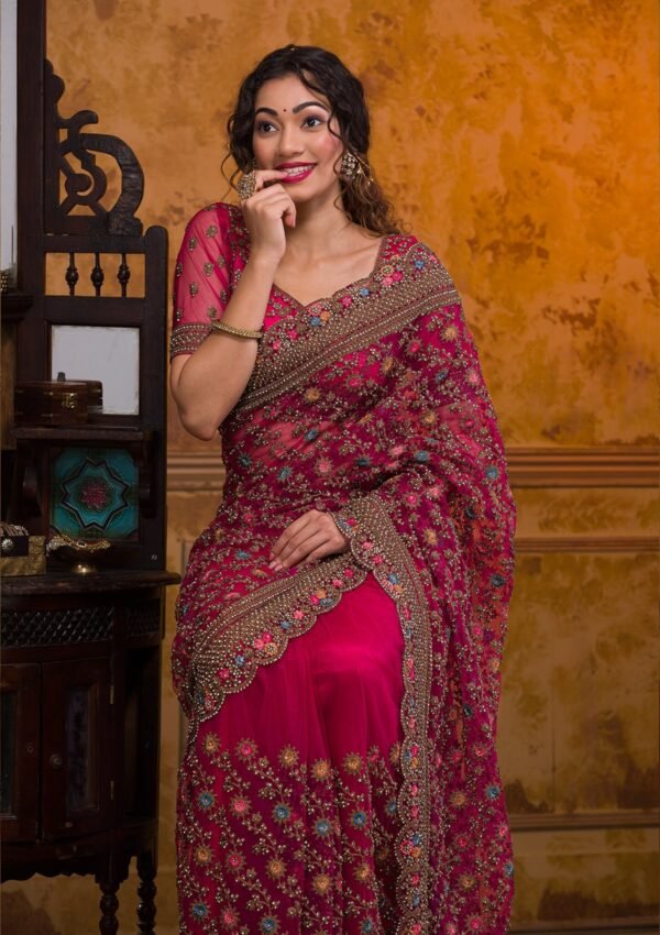 Elegant Rani Pink Net Saree with Stunning Zariwork - Image 2
