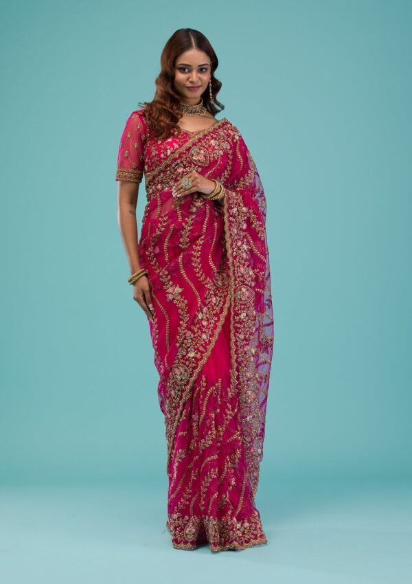 Elegant Rani Pink Net Saree with Exquisite Zari Work - Image 4