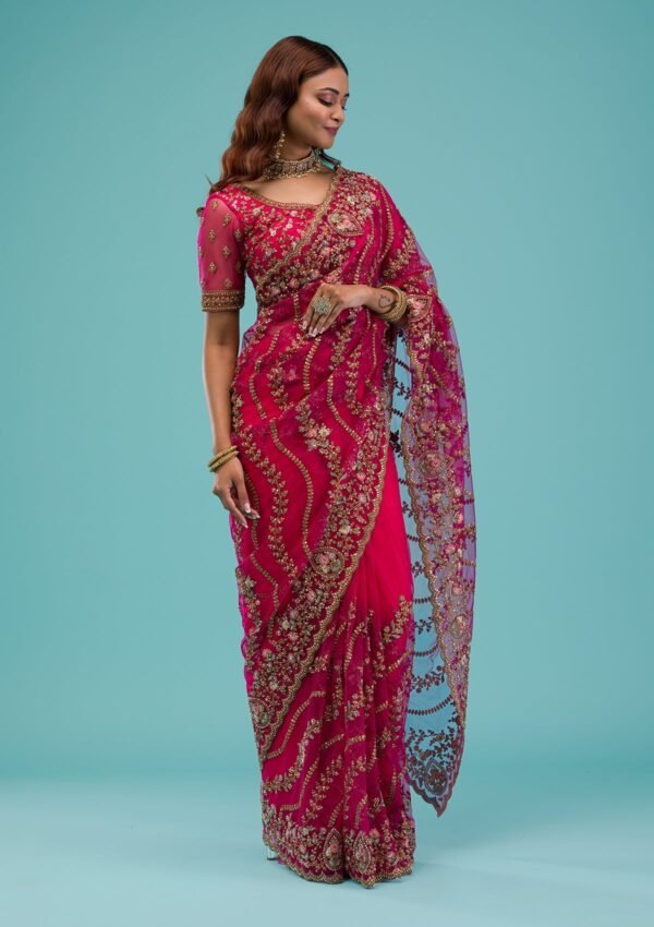 Elegant Rani Pink Net Saree with Exquisite Zari Work - Image 5