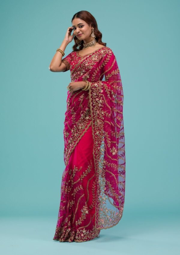 Elegant Rani Pink Net Saree with Exquisite Zari Work - Image 6