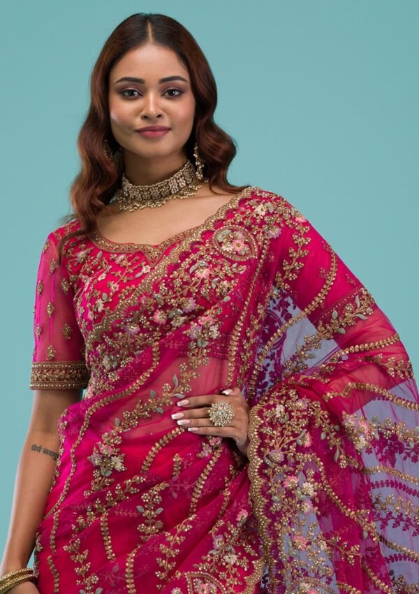 Elegant Rani Pink Net Saree with Exquisite Zari Work - Image 3