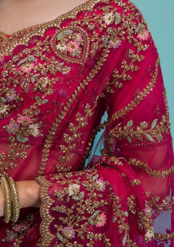 Elegant Rani Pink Net Saree with Exquisite Zari Work - Image 8