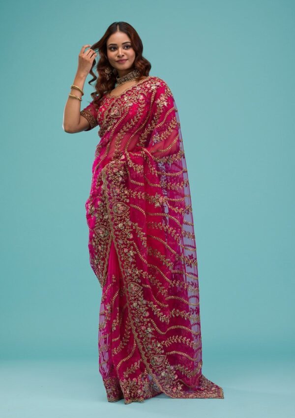 Elegant Rani Pink Net Saree with Exquisite Zari Work - Image 7