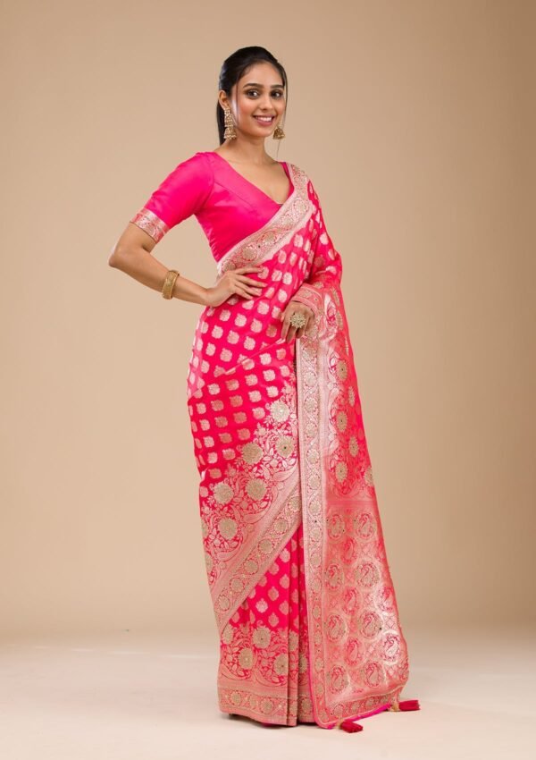 Exquisite Rani Pink Zariwork Raw Silk Saree for Elegant Occasions - Image 4