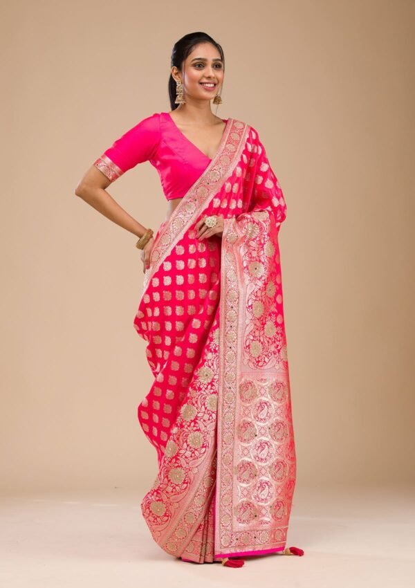 Exquisite Rani Pink Zariwork Raw Silk Saree for Elegant Occasions - Image 5