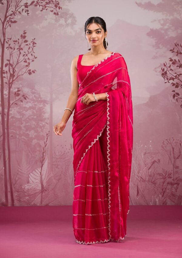 Elegant Red Cutdana Tissue Saree for a Stunning Look - Image 3