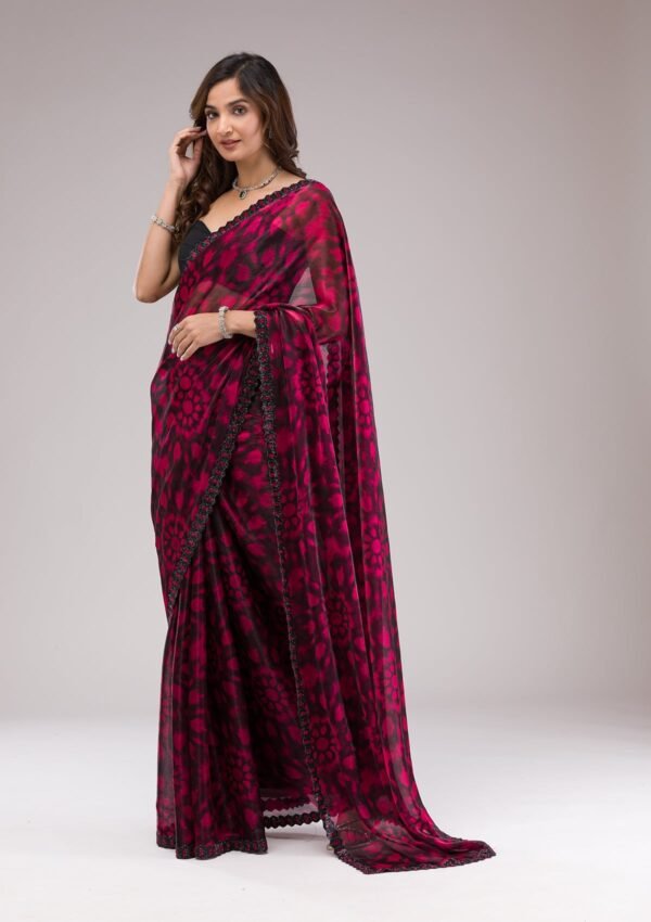 Elegant Red Organza Saree with Beautiful Prints - Image 3