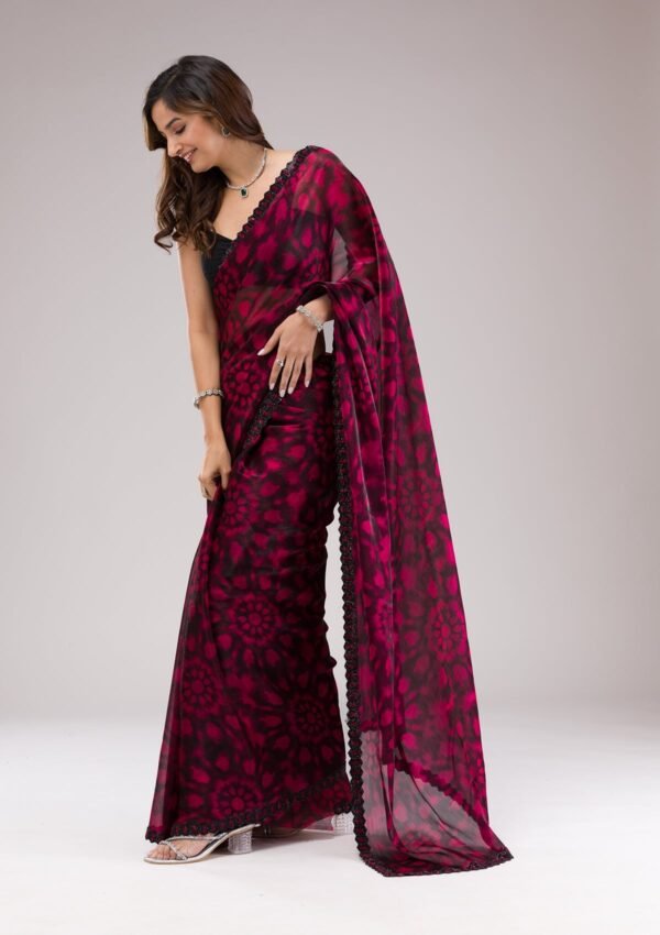 Elegant Red Organza Saree with Beautiful Prints - Image 4