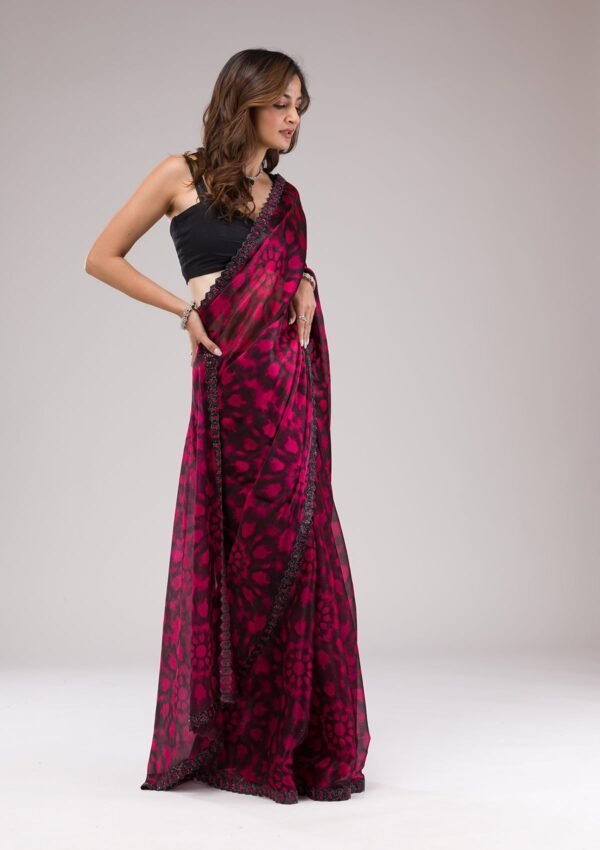 Elegant Red Organza Saree with Beautiful Prints - Image 5