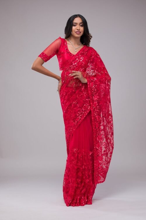 Glistening Red Sequined Net Saree