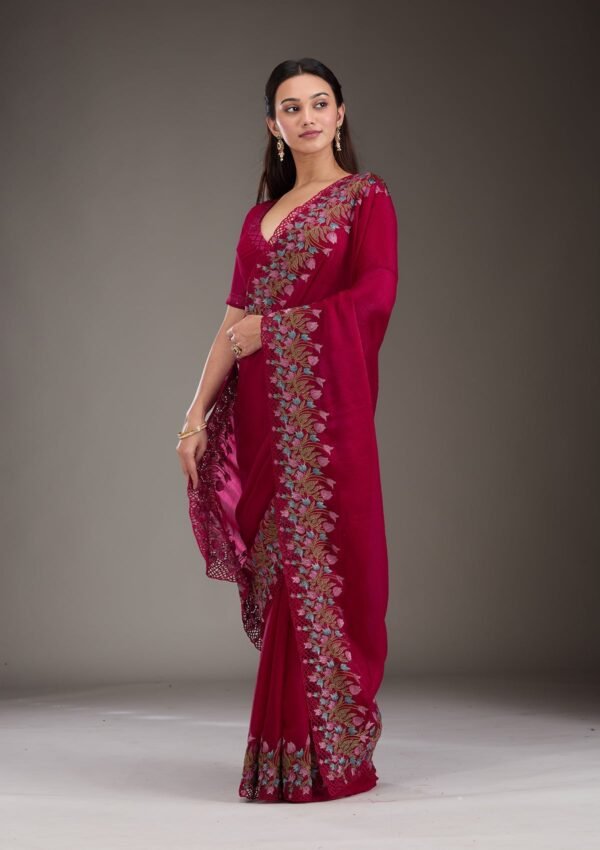 Elegant Red Threadwork Tissue Saree for a Dazzling Look - Image 5