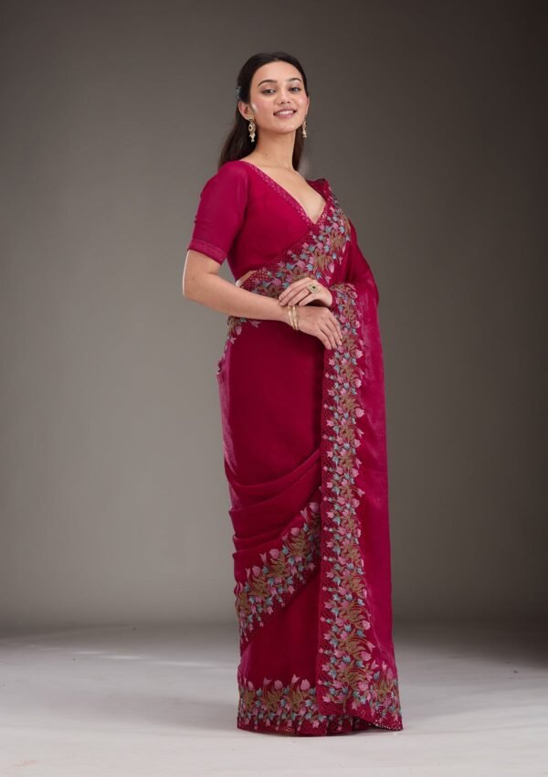 Elegant Red Threadwork Tissue Saree for a Dazzling Look - Image 6